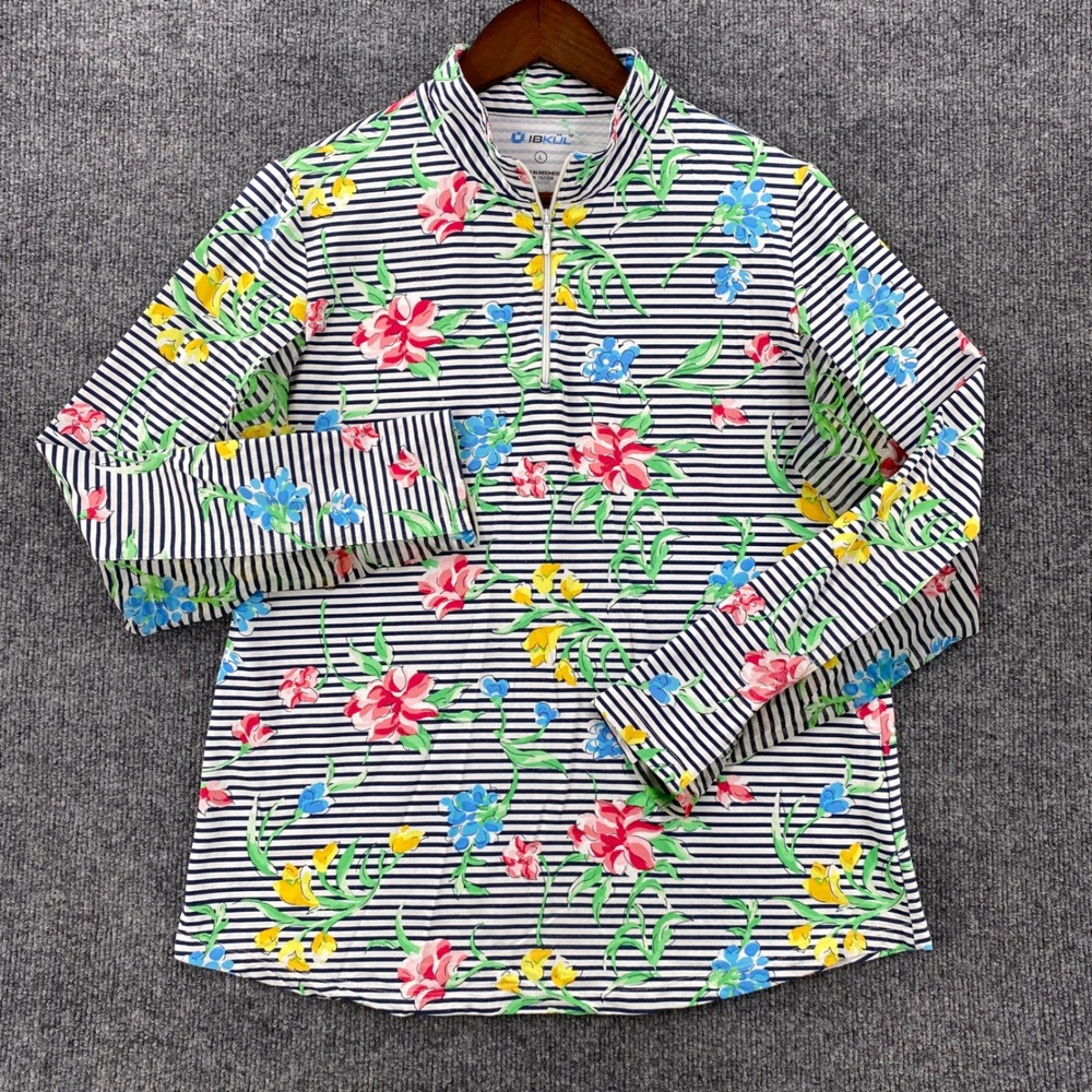 IBKUL Floral Quarter Zip Pullover Womens L  White Stripes Golf Preppy Tennis